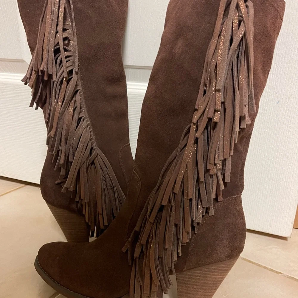 Reba Brown Leather Fringe Boots (All Leather Upper)Fringe on the side. - Picture 5 of 16